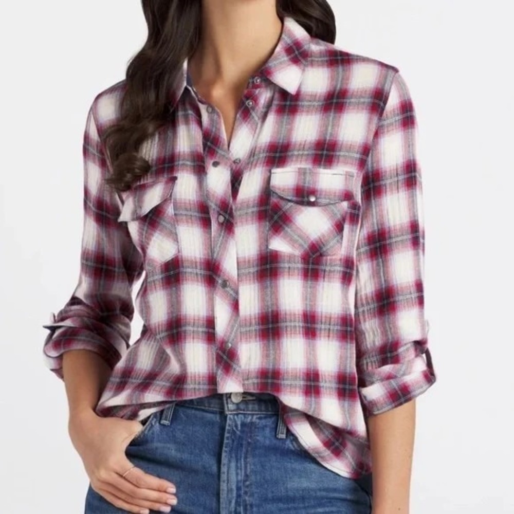 KUT from the Kloth S Red Plaid Flannel Roll Tab Button Down Shirt Cabincore